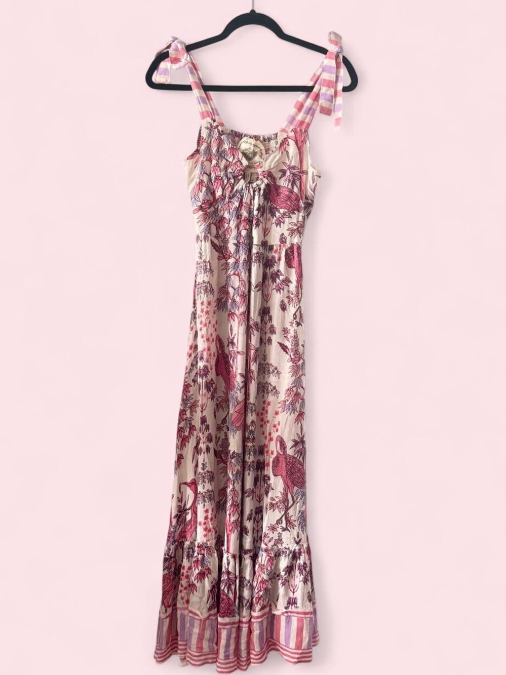 Cream Maxi Dress with Pink Floral & Bird Print Tie Straps